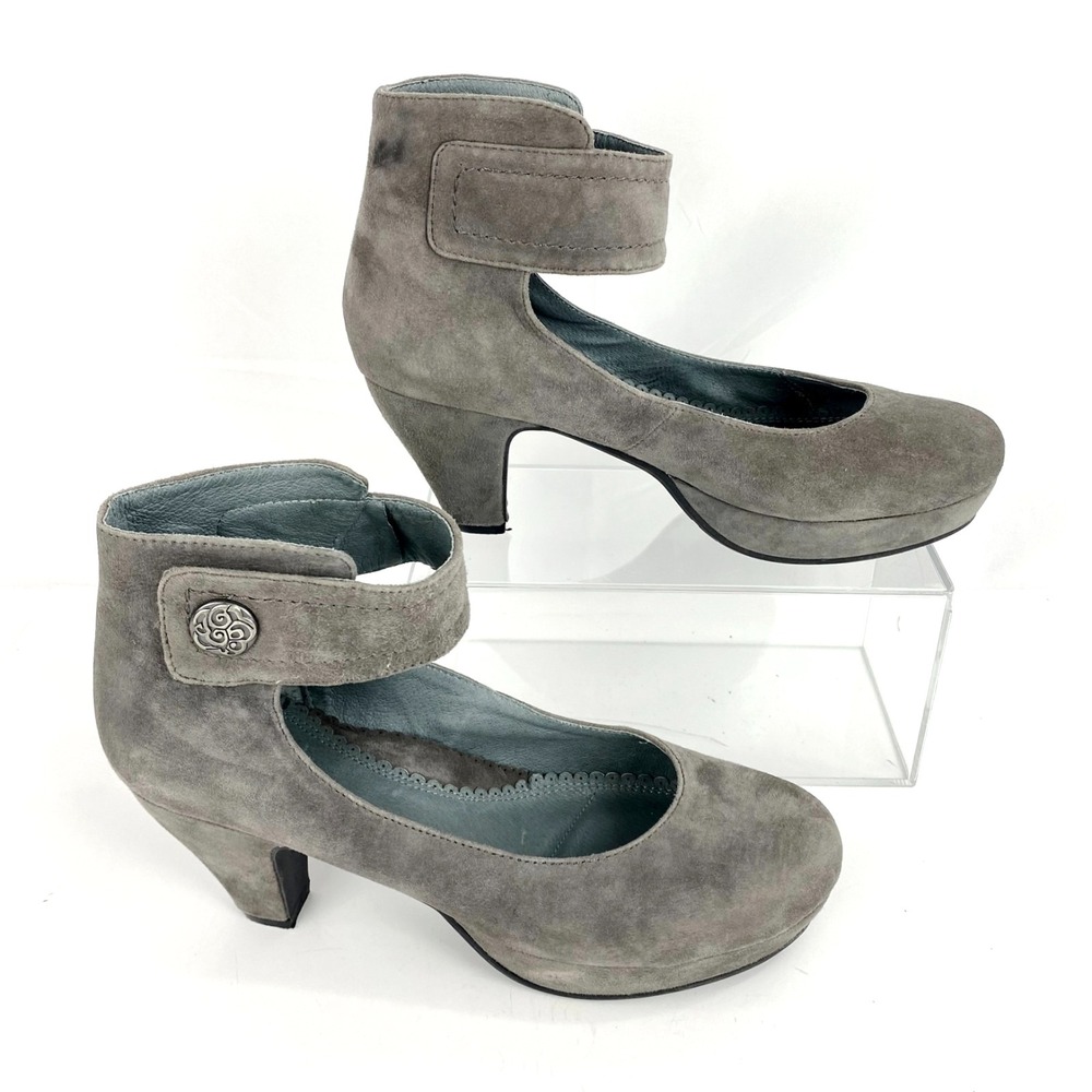 Anesha Suede Platform Heels Women's 8.5 Gray Leather Pumps Ankle Strap Shoes EUC